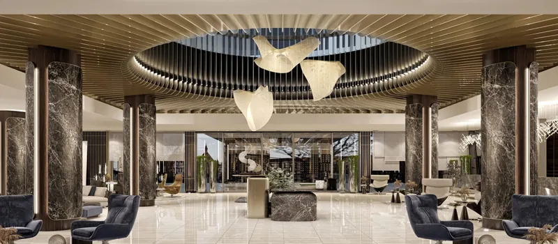 Hotel Alba, Caracas: lobby with marble columns and a sculptural ceiling