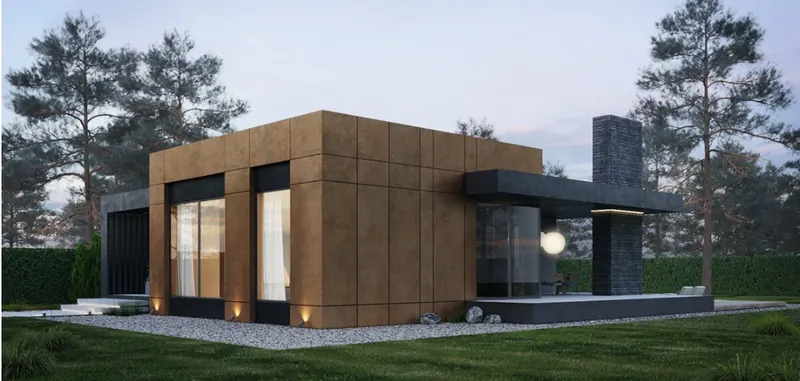 Custom modular design visualisation: single-storey building with corten panel façade, full-height glazing and a stone chimney