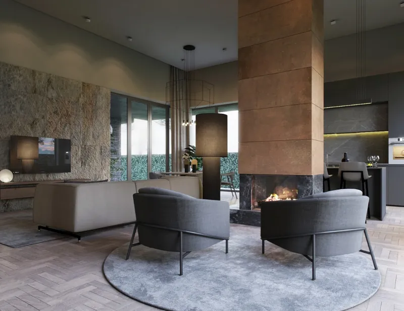 Custom modular design visualisation: lounge with a central fireplace clad in timber