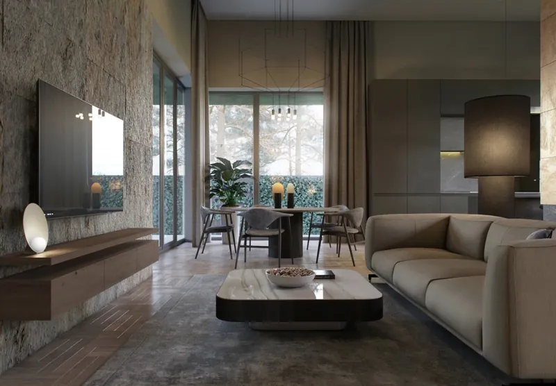 Custom modular design visualisation: living room with stone feature wall, timber floor and full-height windows