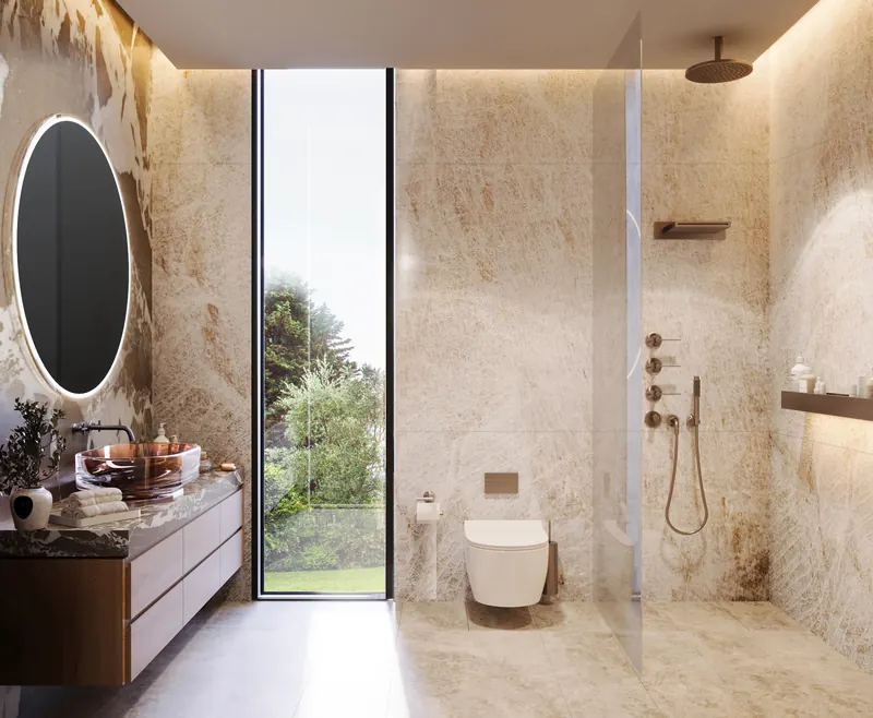 Ovoo Bodrum residence bathroom with marble walls, timber vanity and walk-in shower