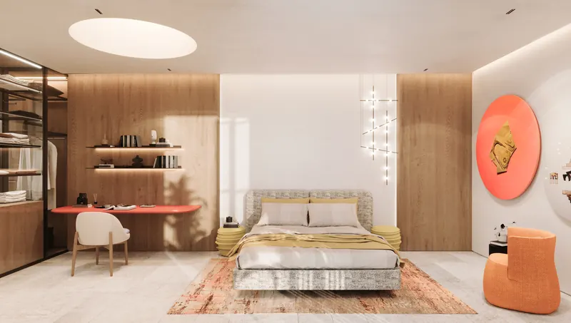 Ovoo Bodrum residence bedroom with timber wall panelling, shelving and a built-in desk