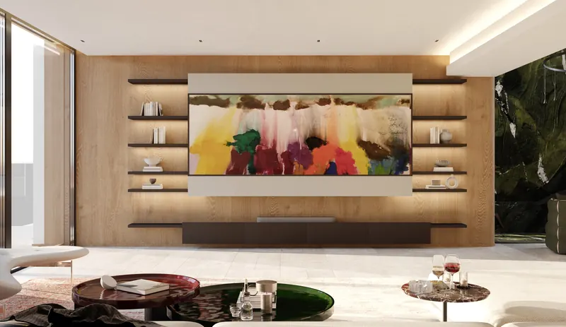 Ovoo Bodrum residence living room with timber wall unit, integrated shelving and a green marble feature wall